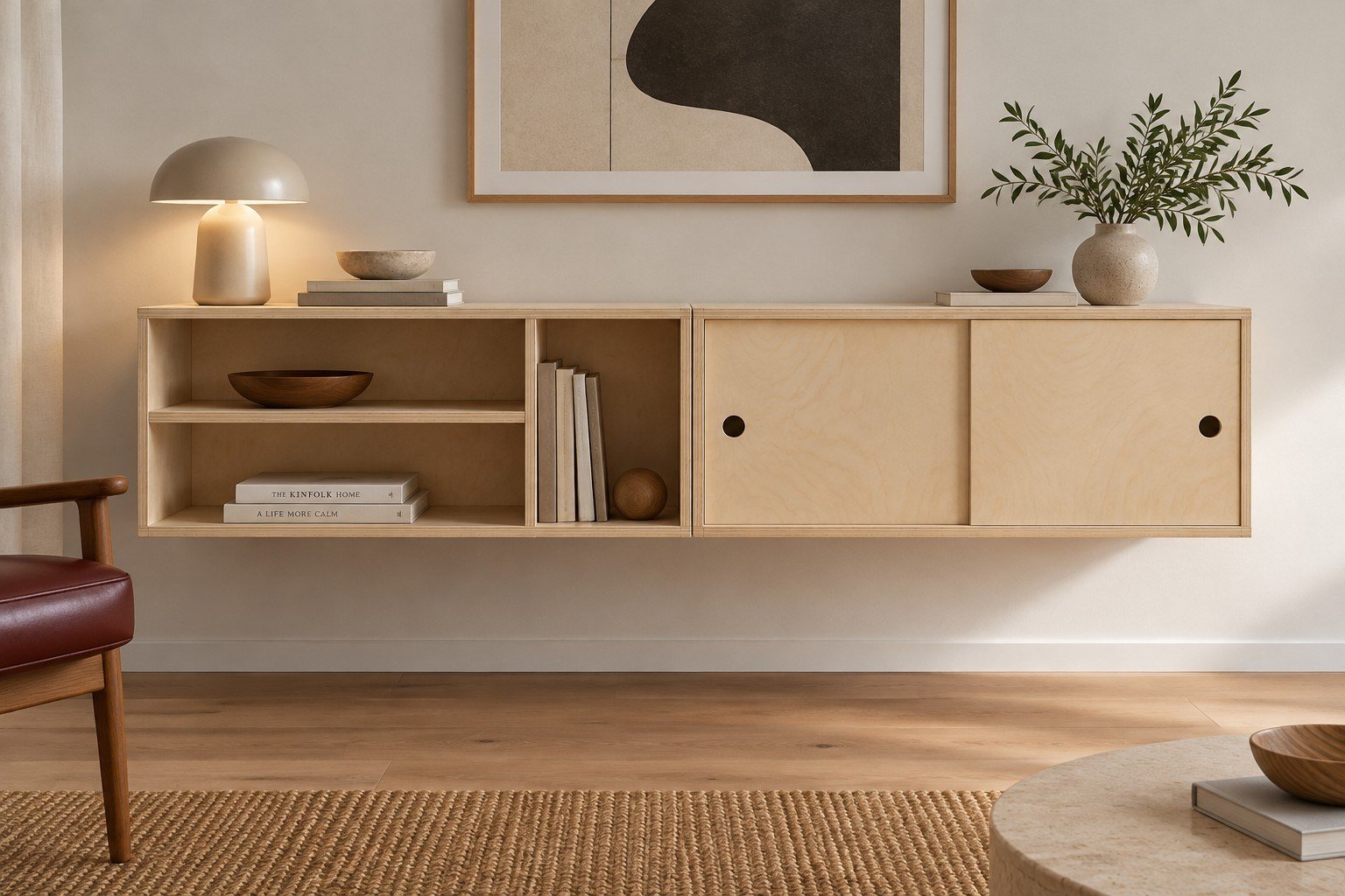 Floating birch plywood sideboard showing an open cabinet and sliding-door cabinet
