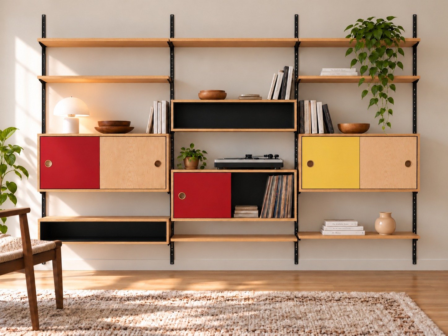 Colourful extended three-bay birch plywood wall system