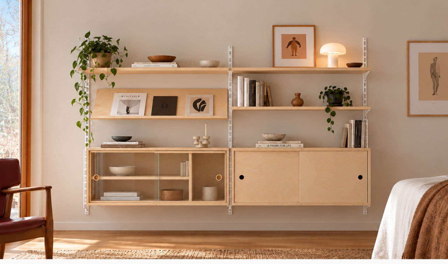 Complete two-bay modular wall system with white rails, one glass sliding-door cabinet, a solid birch cabinet and angled display shelf.