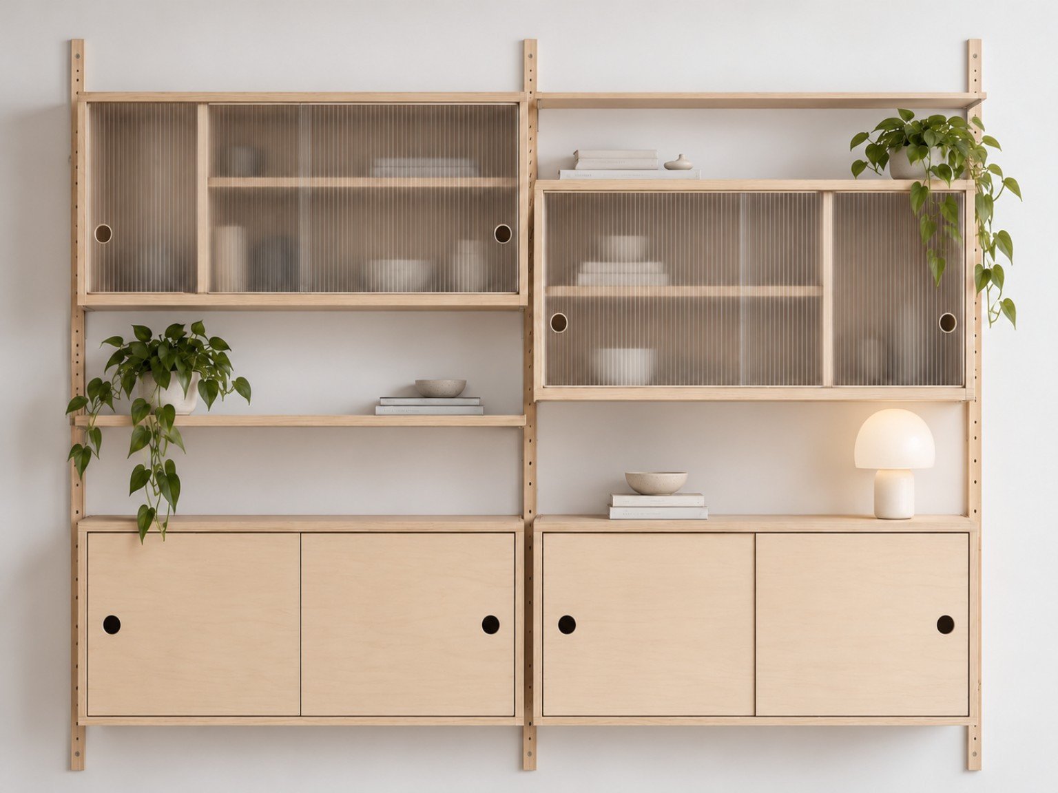 Uncropped staggered wall system: two upper ribbed glass sliding-door cabinets and two lower natural plywood cabinets on pale birch rails.