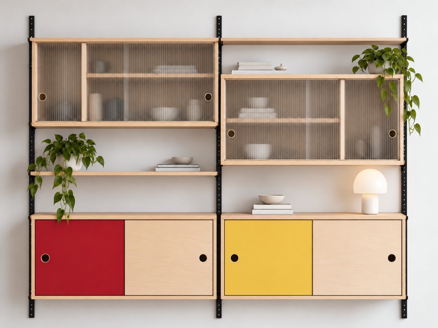 Uncropped staggered modular wall system with upper ribbed glass sliding doors, black rails, and a lower red door and yellow door.