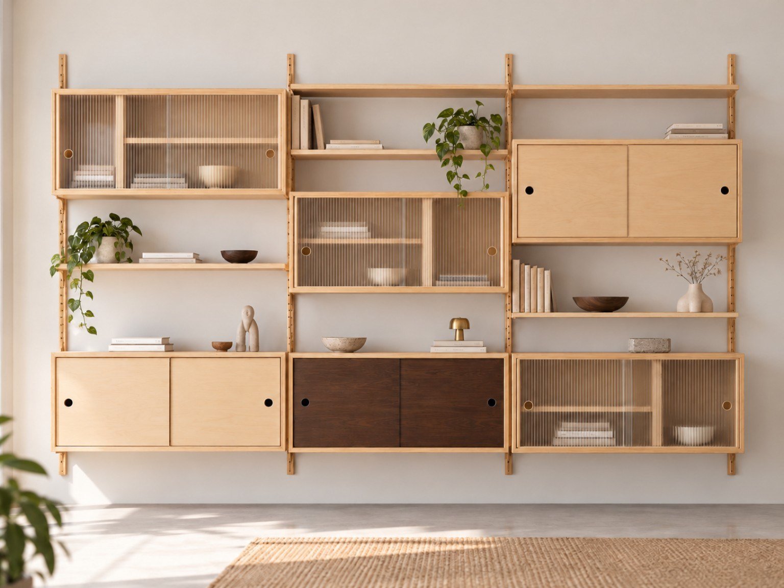 Three-bay wall-mounted modular birch plywood system with staggered cabinets