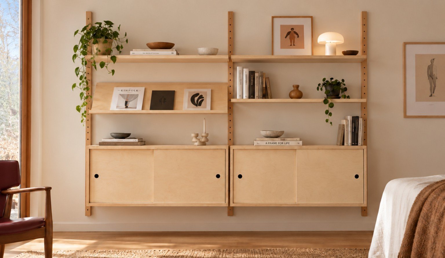 Two-bay birch system with angled display shelf and two lower cabinets